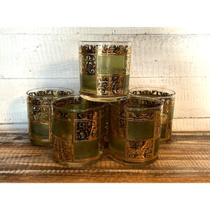 Set 6 Vintage Culver MCM Mid-Century Prado Green/Gold Double Old Fashion Glasses